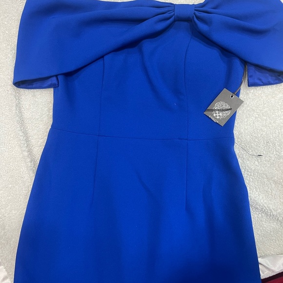 VINCE CAMUTO | Bow Collar Off the Shoulder Sheath Midi Cocktail Dress New Size 6 - Picture 8 of 11